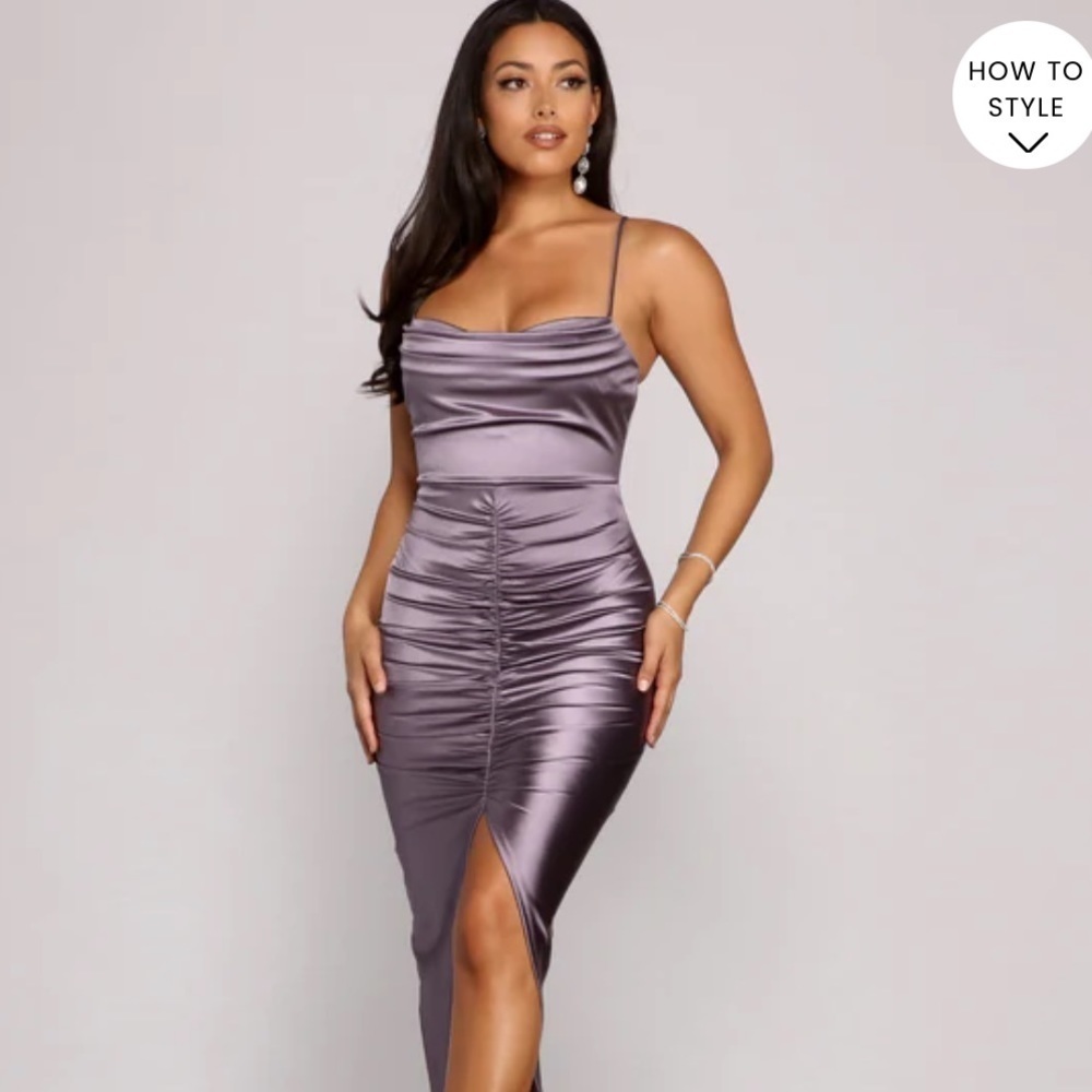 Windsor Bre Formal Satin Ruched Midi Dress small